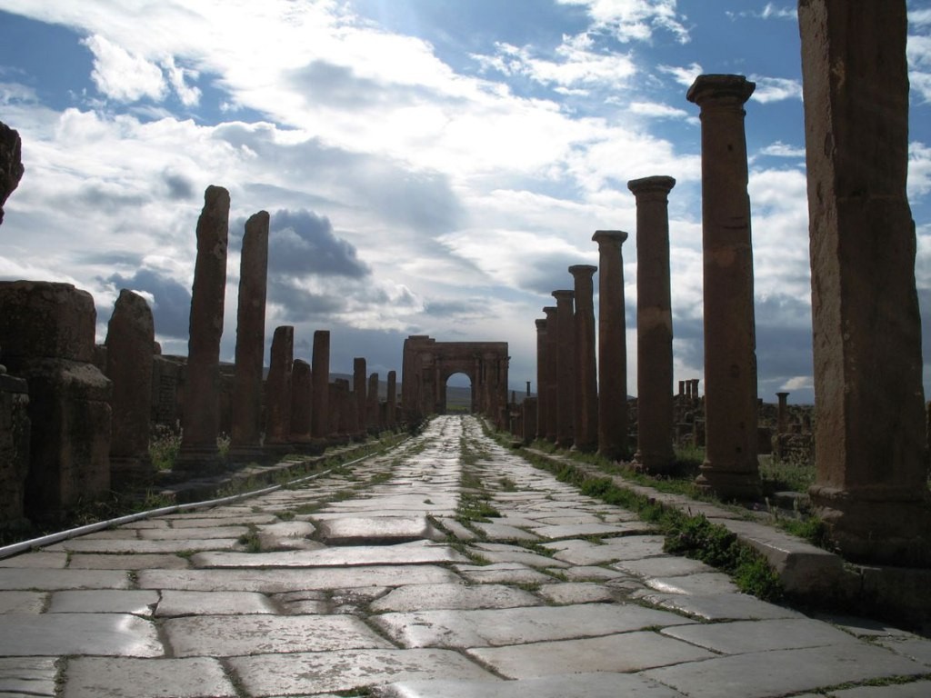 A remarkably well-preserved 1800-year-old Roman road in Timgad, which was a Roman colonial town in the Aurès Mountains of modern-day Algeria